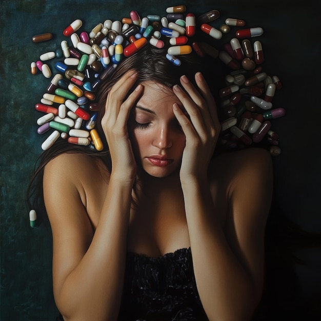 Photo a woman with a bunch of pills on her head