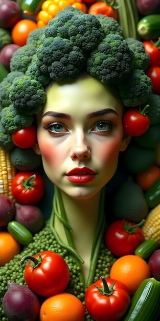 Photo a woman with a bunch of vegetables including broccoli tomatoes and cucumbers