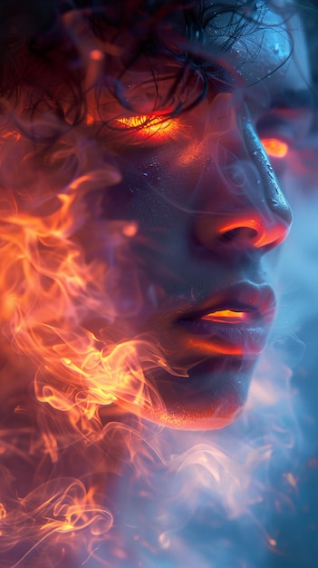 a woman with a burning face and a fire