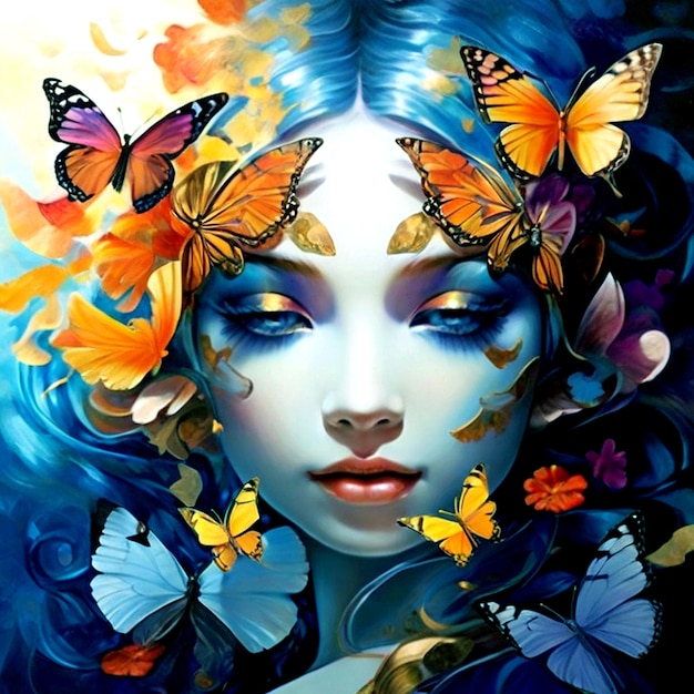 a woman with butterflies on her face and butterflies around her