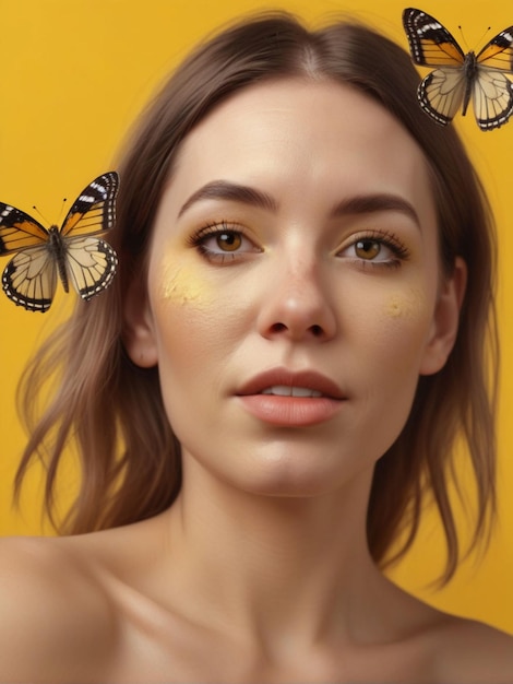 a woman with butterflies on her face and a butterfly on her face