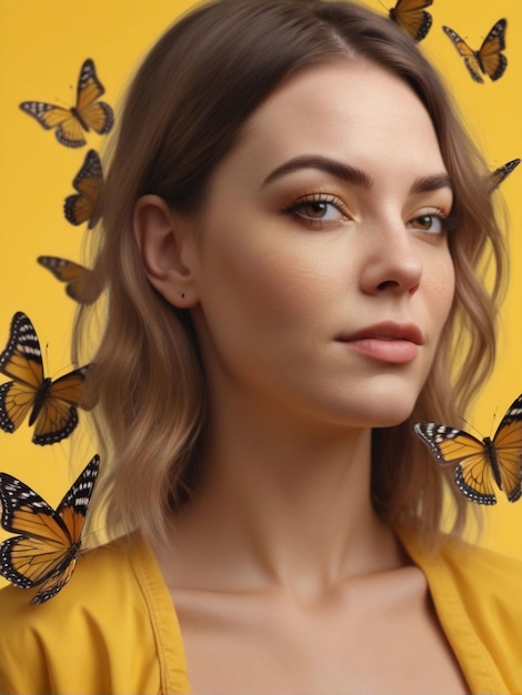 a woman with butterflies on her face and a butterfly on her shoulder