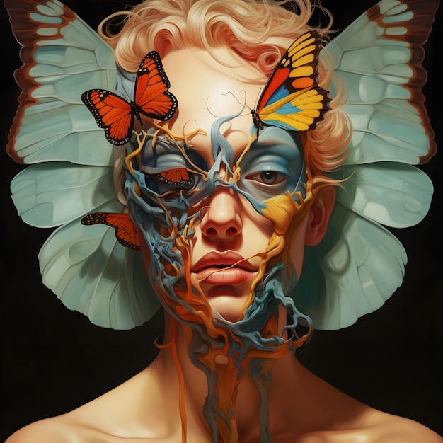 A woman with butterflies on her face and the words butterfly on her face.