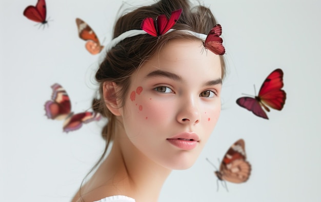 Photo a woman with butterflies on her head and the words love on her face