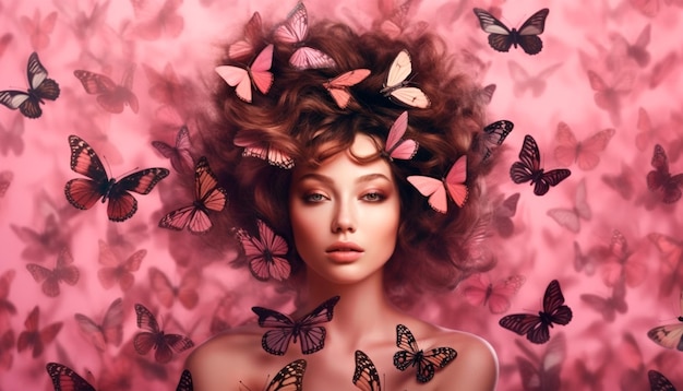 A woman with butterflies on her head