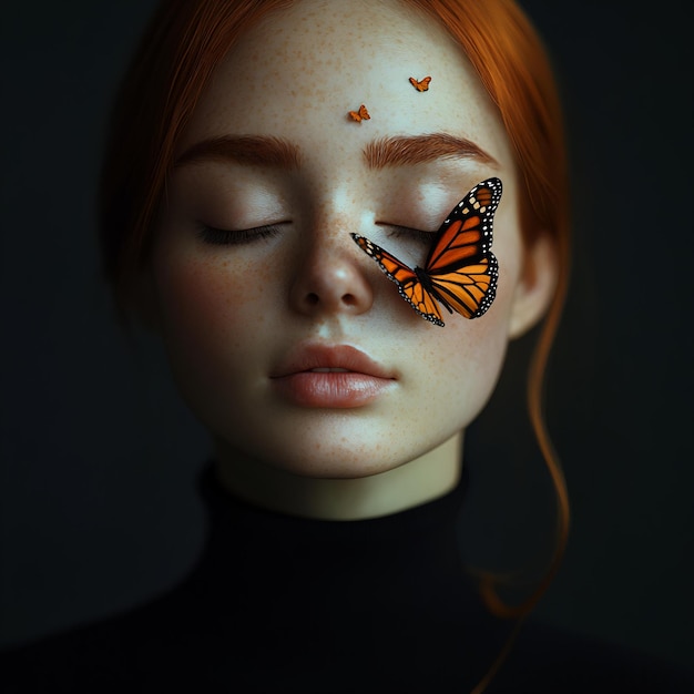 Photo a woman with a butterfly on her face and the eyes are painted on her face