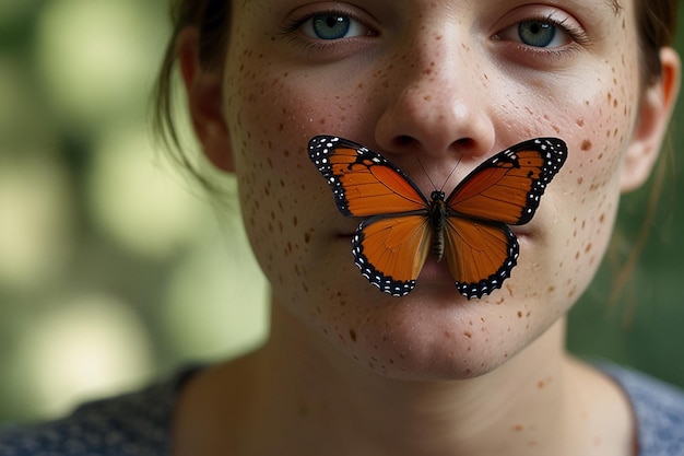 Photo a woman with a butterfly on her mouth and the mouth is open