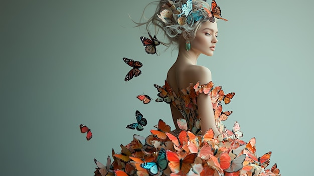 Photo woman with butterfly wings and a crown of butterflies