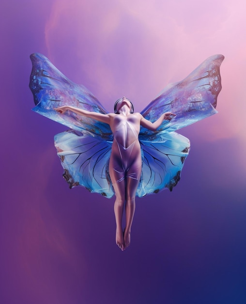 A woman with a butterfly wings is in the air.