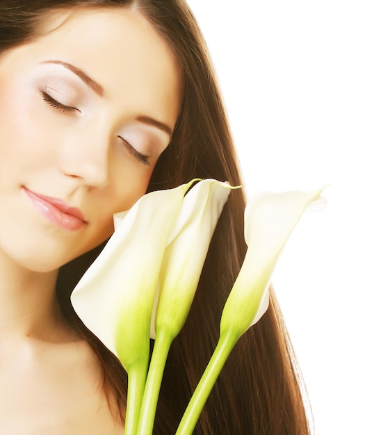 Woman with calla flowers