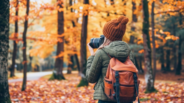 Photo woman with camera and backpack in autumn forest