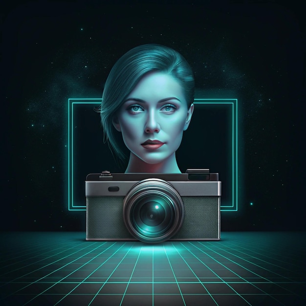 Photo a woman with a camera and a blue background with a womans face