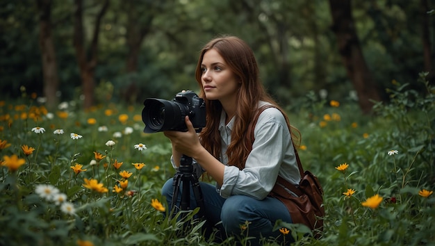 a woman with a camera in a field of flowers