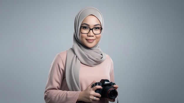 A woman with a camera in her hands is holding a camera.