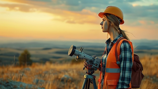 a woman with a camera and a sunset in the background