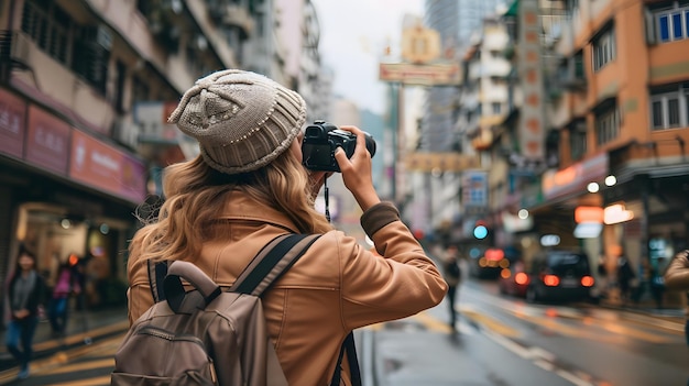 Photo woman with camera taking photos in a busy city street