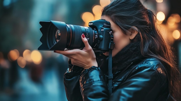 a woman with a camera taking a picture with a blurry background