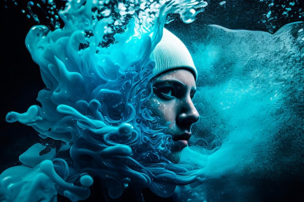 A woman with a cap and a fish head is covered in water.