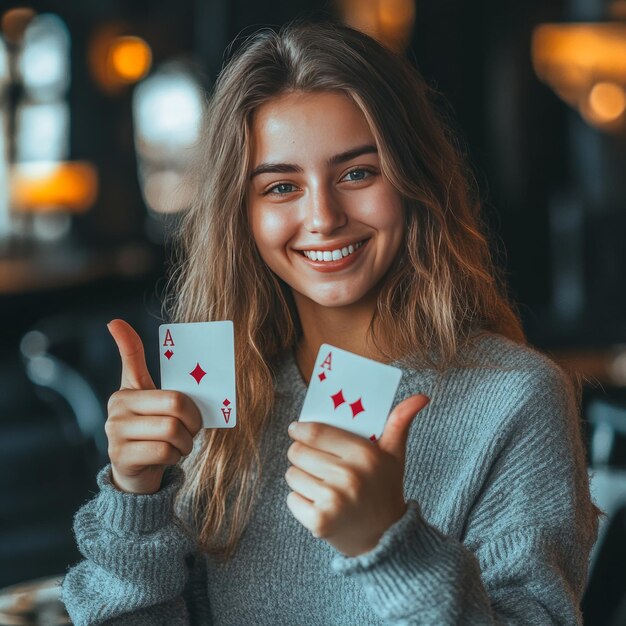 a woman with a card that says playing cards