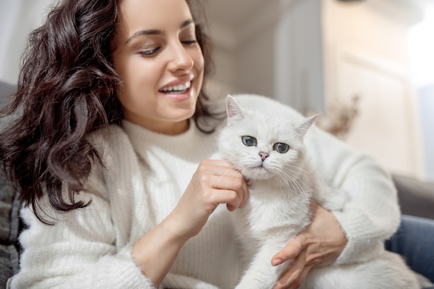 A woman with a cat. Dark-haired young woman with a nice white cat