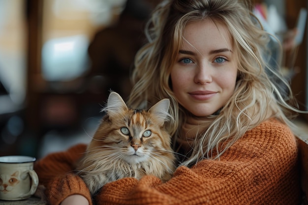 a woman with a cat in her arms