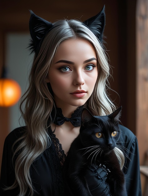 Photo a woman with a cat on her shoulder and a black cat in her hand