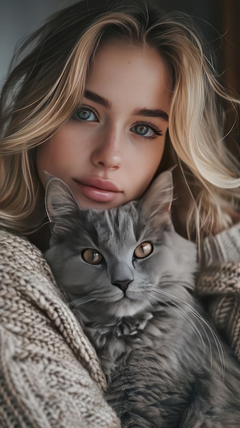 Photo a woman with a cat on her shoulder and a cat in the background