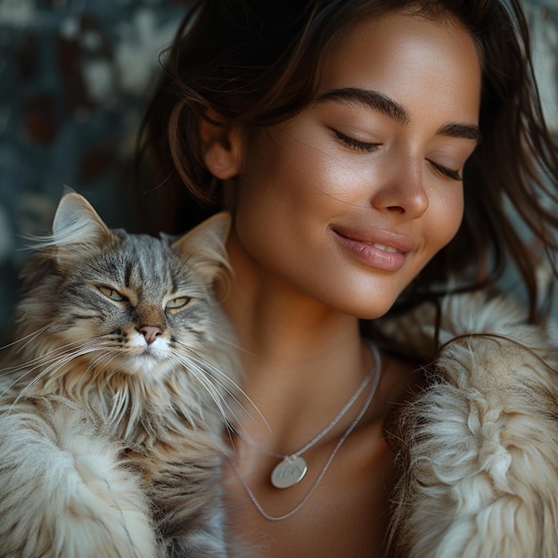 Photo a woman with a cat on her shoulder is posing with a cat on her shoulder