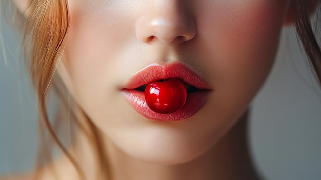 a woman with a cherry in her mouth