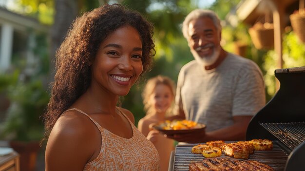 a woman with a child in front of a tray of food with a child in the background