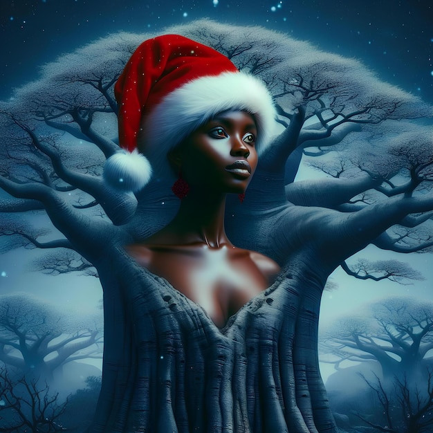 woman with christmas hat inside baobab tree