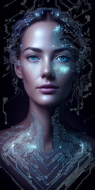 A woman with a circuit board on her face