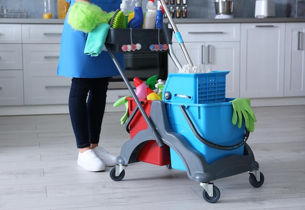 Woman with cleaning tools at home