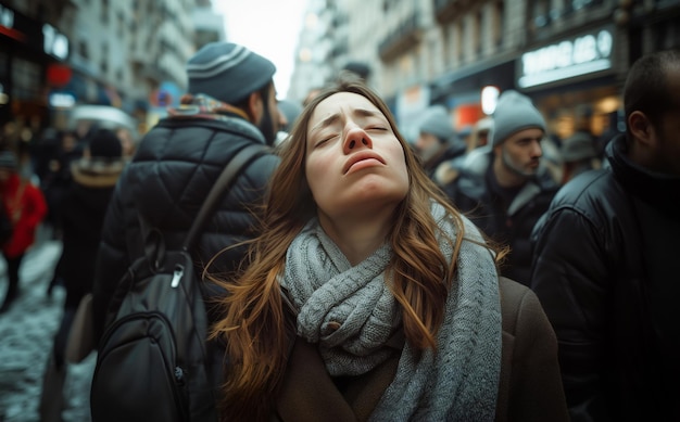 Woman with closed eyes isolated amidst a bustling cityscape Surrounding figures appear lost