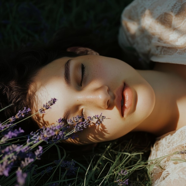 A woman with closed eyes laying on a bed of lavender flowers with sunlight filtering through the leaves enjoying the summer warmth