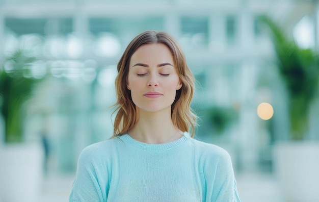 Photo a woman with closed eyes meditating in a serene modern interior with greenery in the background