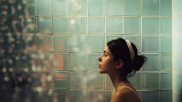 Photo a woman with closed eyes stands under a refreshing shower water droplets glistening against her skin as soft light from the tiles creates a calm ambiance