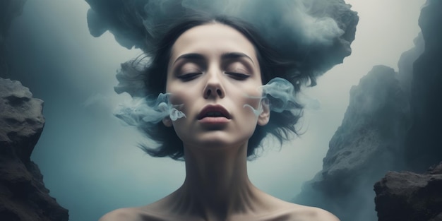 Woman with cloud instead of head Human mind concept