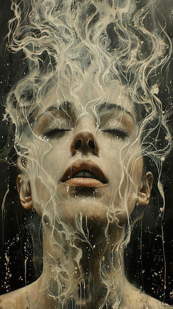 a woman with a cloud of smoke behind her head