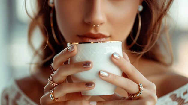 a woman with a coffe cup in her mouth is drinking from a cup