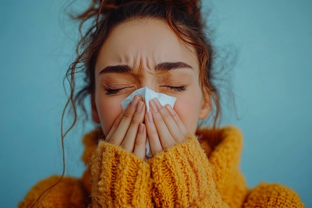 Photo woman with a cold blowing her nose with a tissue