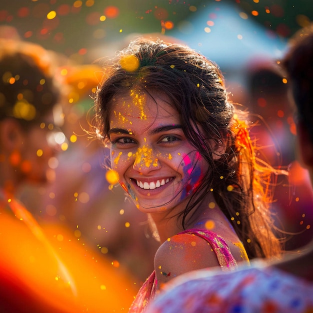 Photo a woman with colored paint on her face is smiling