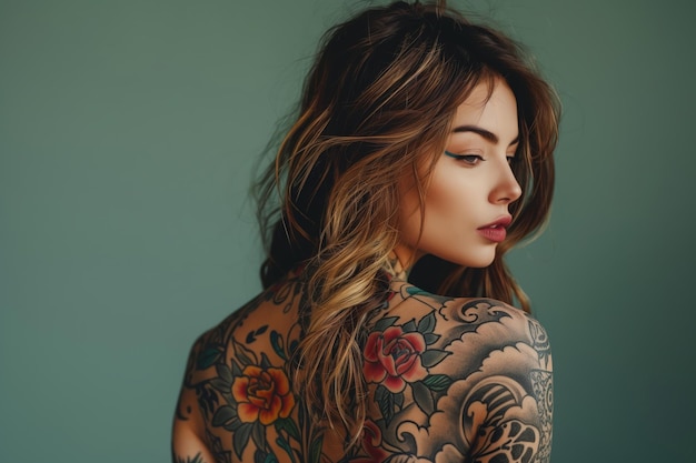 Woman with colorful back tattoo looking over shoulder