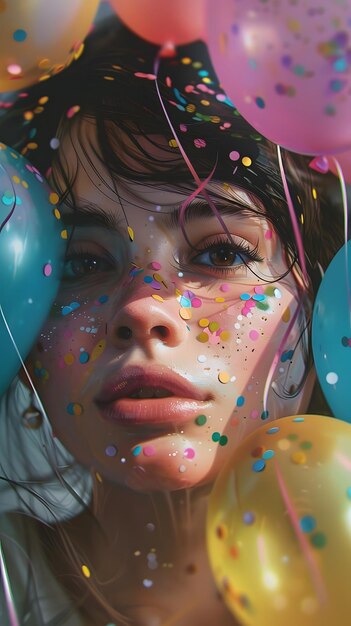 A woman with colorful balloons and confetti scattered all over her face in a joyful celebration