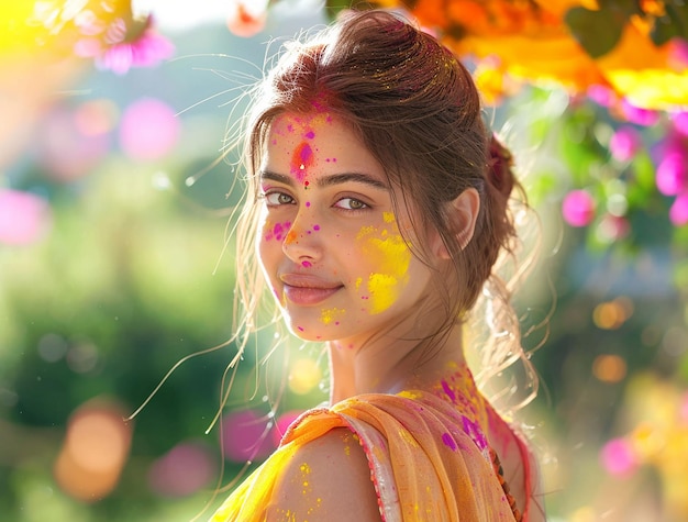 a woman with a colorful face and a colorful flower in the background