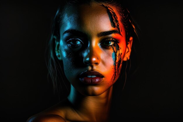 A woman with a colorful face in front of a black background