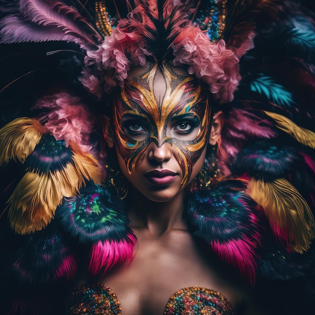 A woman with a colorful face paint and a feather on her head.