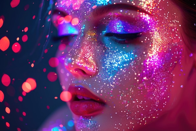 Photo a woman with a colorful face paint and glitter on her face