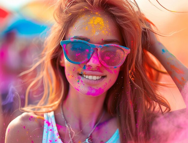 a woman with a colorful face paint on her face is covered in colorful powder