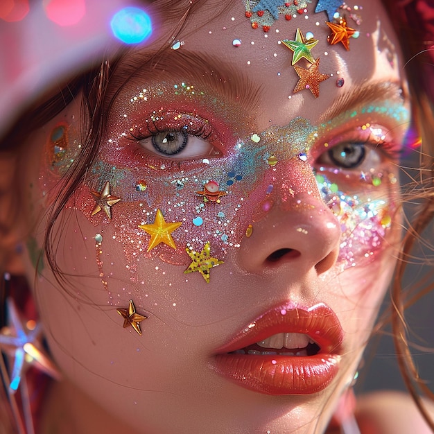 Photo a woman with a colorful face paint and the word glitter on her face